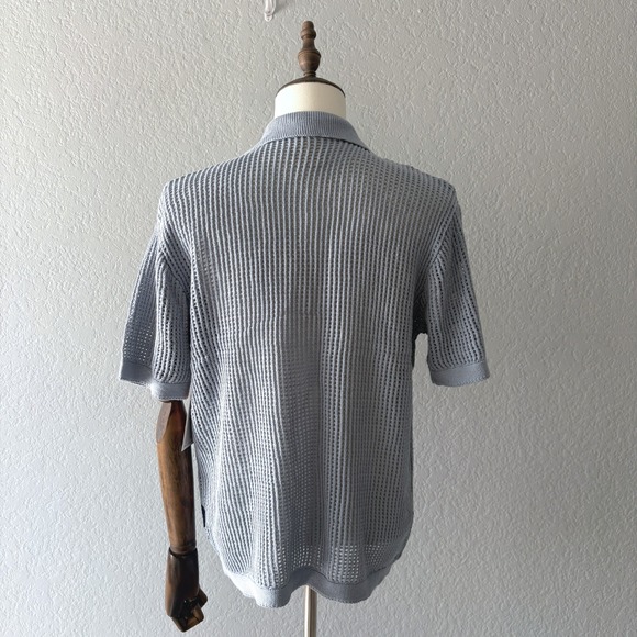 Massive Luxury Men Size M Blue Crochet Knit Button Down Shirt Polo Short Sleeve - Picture 3 of 10